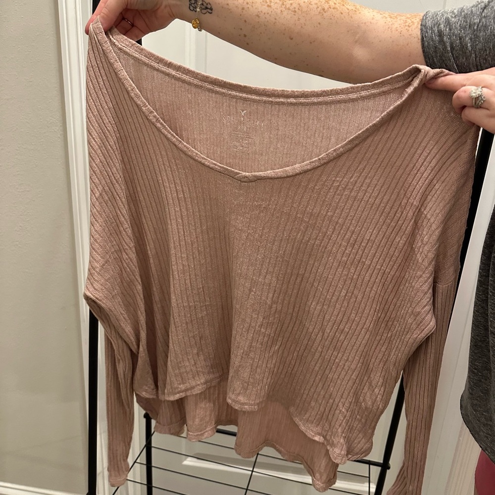 American Eagle Soft & Sexy Ribbed Blouse - Dusty Pink